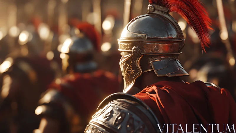 Sunlit Roman legionary in polished armor amid marching ranks.