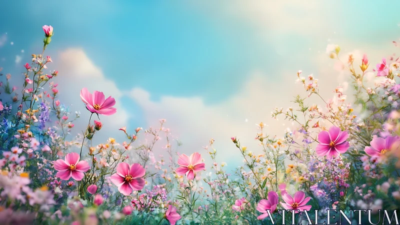 Blooming wildflowers under clear skies.