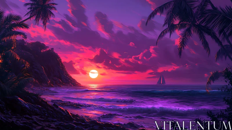 Neon dusk tides and a lone sailboat chasing violet horizons.