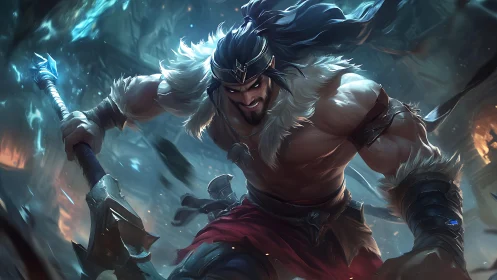 Barbarian warrior lunges forward with heavy battle axe.