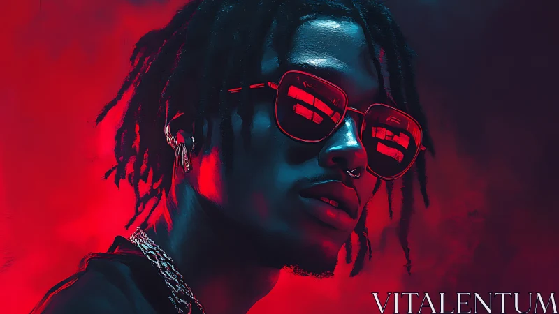 Neon-lit portrait of cool figure in reflective red sunglasses.