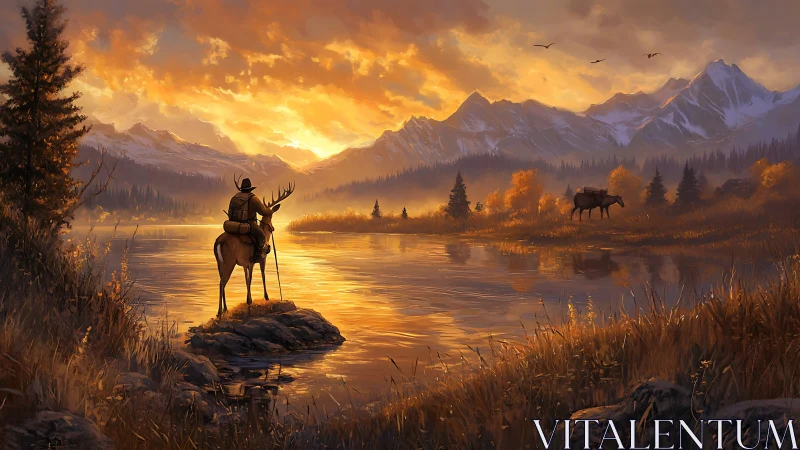 Golden mountain river at sunset with rider and pack elk.