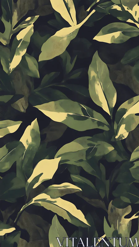Stylized tropical foliage pattern in muted green tones.