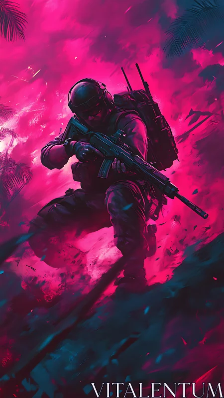 Neon combat operative in dynamic tactical descent scene.