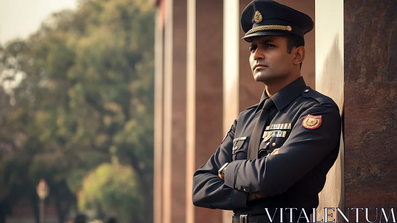 Uniformed security officer standing against stone column.