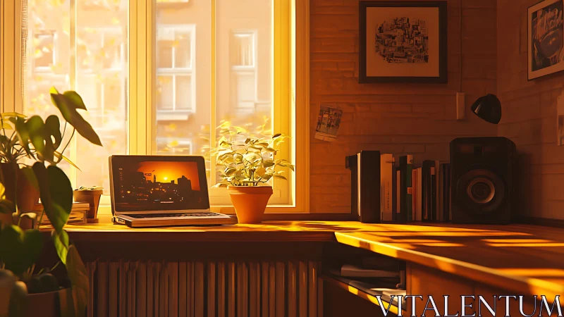 Golden evening light warms a cozy plant filled home workspace