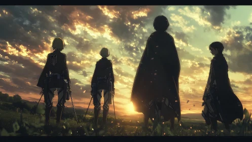 Backlit survey corps silhouettes observe a dramatic stratified sunset