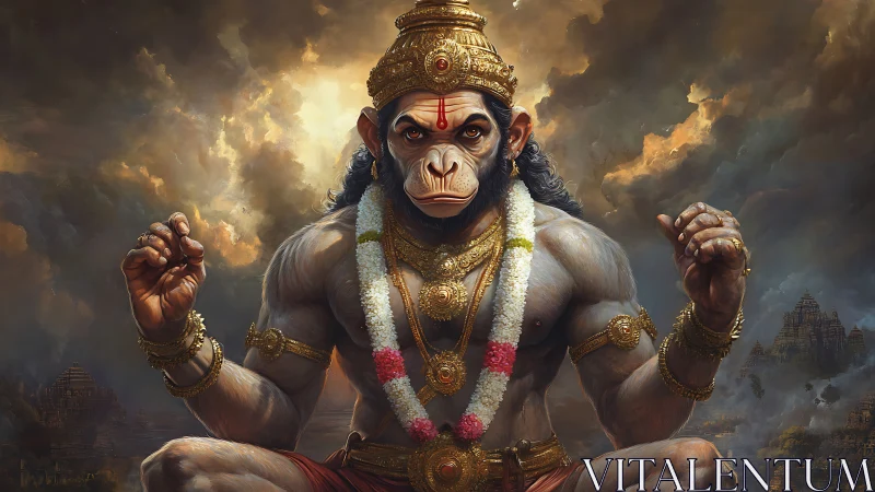 Hanuman monkey warrior deity sits in ornate golden armor
