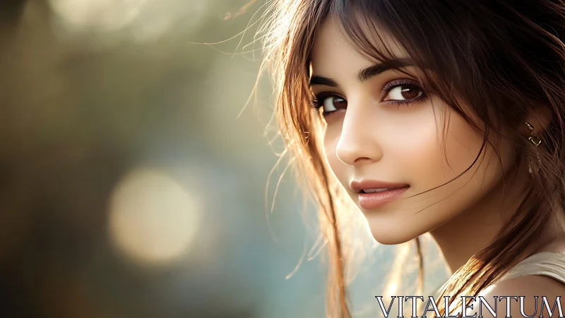 Sunlit portrait captures soft gaze and luminous brown eyes.