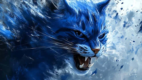 Fierce blue spirit cat surges forward in a storm of energy