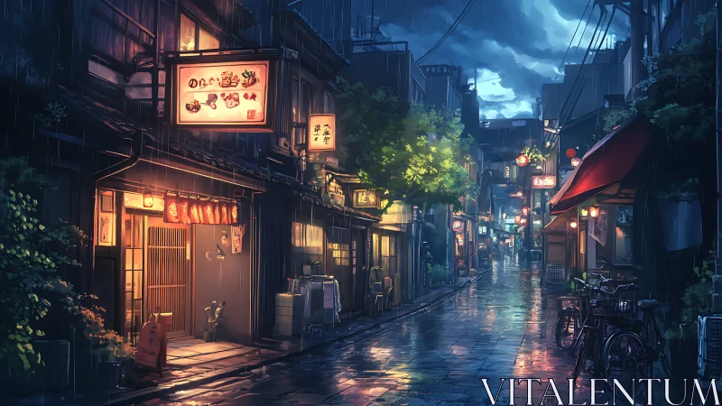 Rain-soaked alleyway shows illuminated shopfronts at dusk