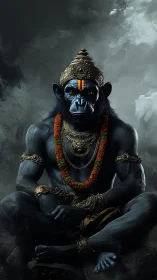 Mythic simian deity rendered in high-contrast digital chiaroscuro.