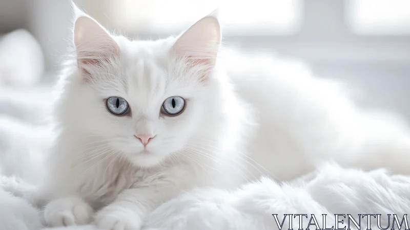 White cat with blue eyes resting on white textile surface