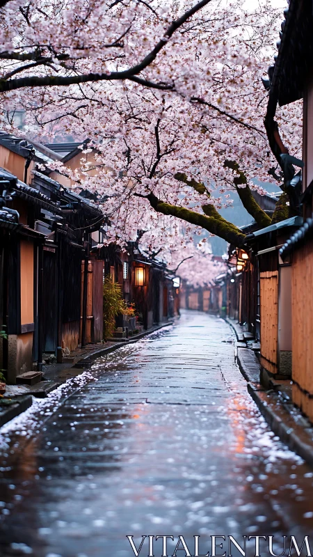 Cherry trees line a wet traditional alley under soft lanterns