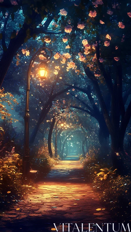 Nocturnal garden path with lamppost bokeh and volumetric lighting