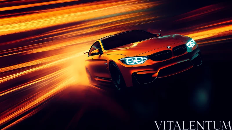 Electric orange sports car racing through neon night streets.