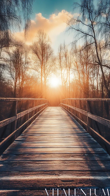 Linear wooden footbridge receding to low winter sun with warm flare