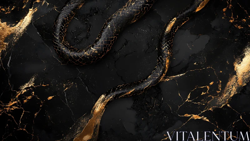 Black serpent glides across cracked gold marble field.