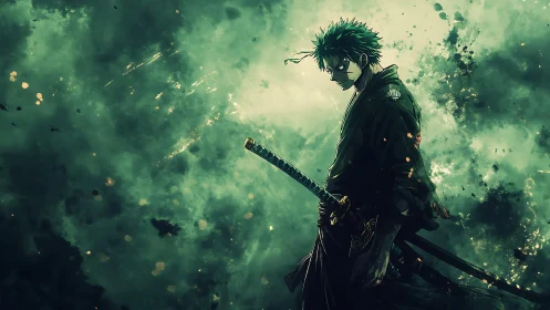 Solitary swordsman stands against turbulent green backdrop