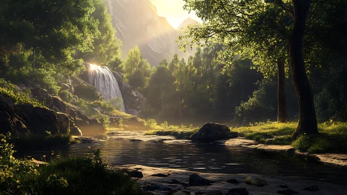 Forest Stream with Waterfall and Golden Morning Light.