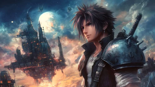 Starlit warrior gazes toward a soaring cyberpunk sky city