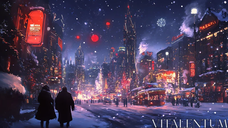 Neon winter cityscape glows under snowfall and festive lights.