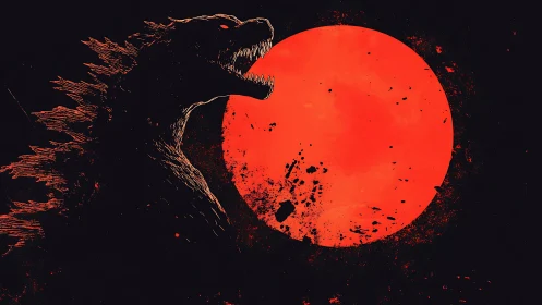Kaiju silhouette roars against splattered scarlet sun.