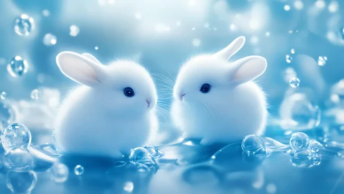 Two white baby rabbits in glossy blue water scene.