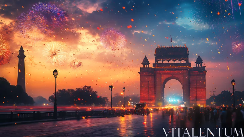 Firelit gateway dreams ignite a festival sky above Delhi.