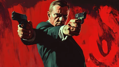 Intense secret agent holds two guns against blazing red backdrop