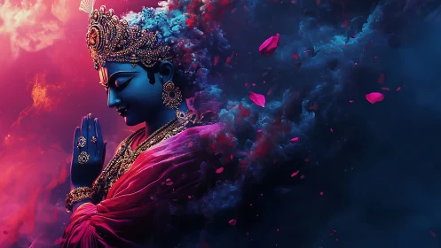 Blue deity figure in profile amid swirling cosmic clouds.