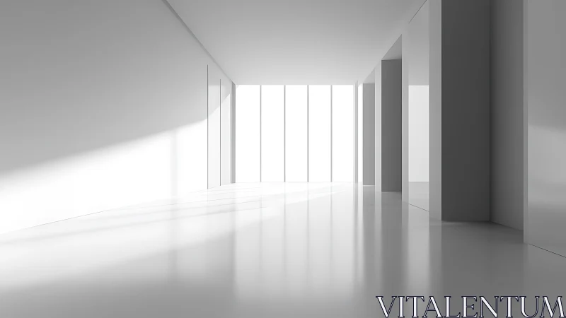 Minimalist Interior Corridor with Linear Window Elements and Volumetric Light.
