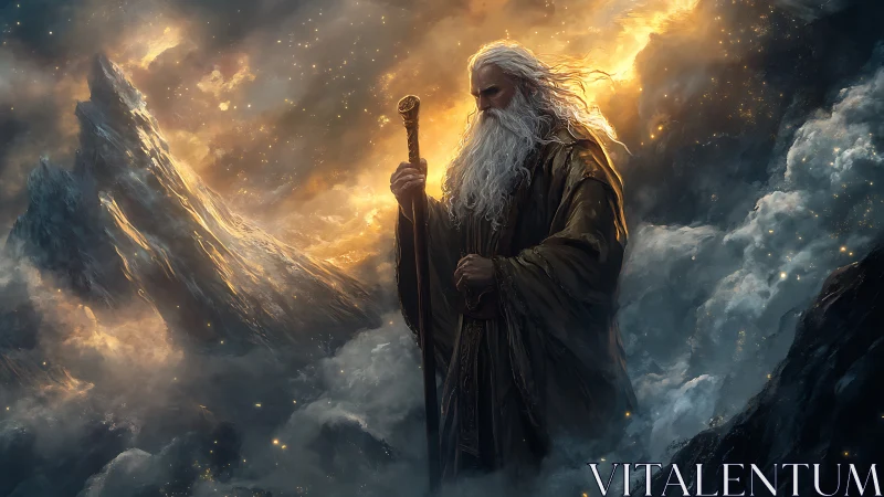 Elder mage with staff stands amid volumetric clouds and glowing peaks