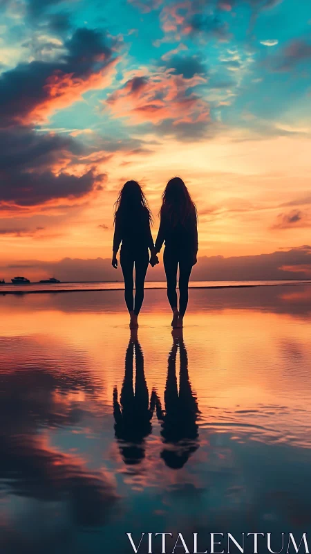 Silhouetted friends on mirrored shore at vivid sunset glow.