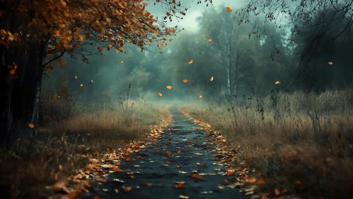 Foggy forest path with scattered autumn leaves in motion.