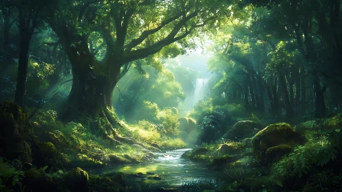 Verdant Cathedral: Sunlit Stream Through Ancient Woodland.