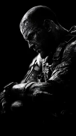 Monochrome tactical portrait in high-contrast photorealism.