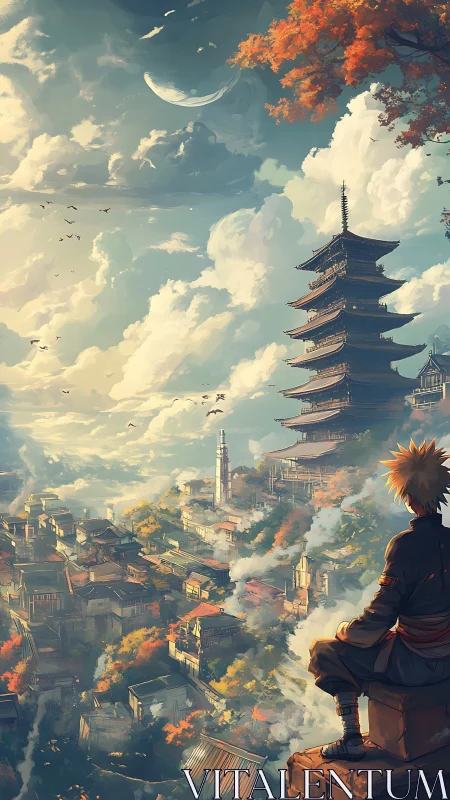 Samurai silhouette overlooking autumnal pagoda skyline.