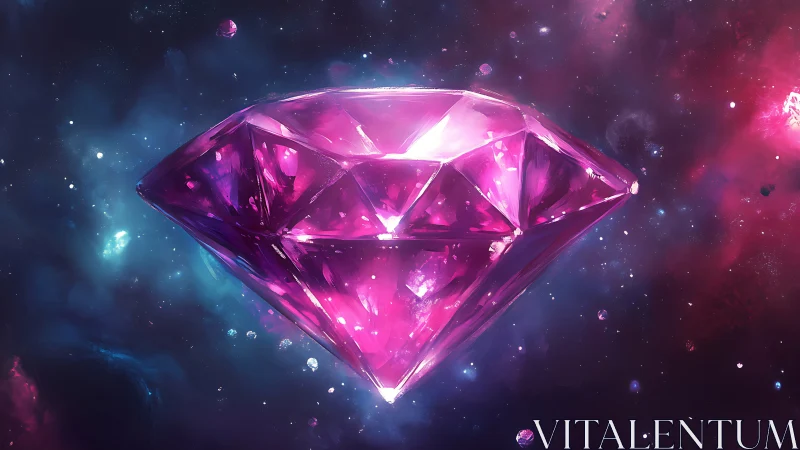 Pink faceted gemstone floats sharply rendered in deep space