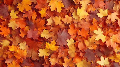 Colorful maple leaves form dense autumn ground carpet
