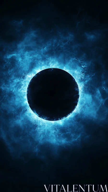 Solar eclipse core framed by electric blue plasma ring.