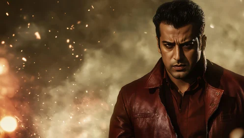 Brooding hero in a crimson jacket amid drifting sparks.