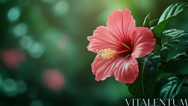 Pink hibiscus flower with yellow stamen and blurred green background.