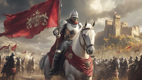 Armored knight leads cavalry charge toward fortified castle.