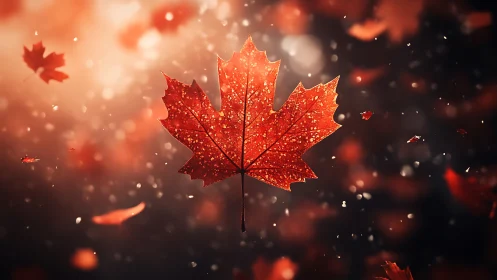 Red maple leaf in soft focus autumn light, suspended midair.