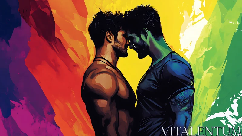 Digital illustration depicting two male figures in intimate confrontation against rainbow spectrum g