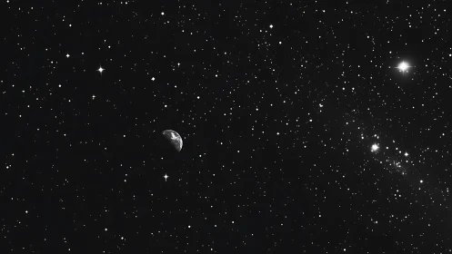 Distant crescent moon amid dense star field in space.