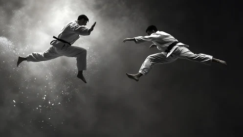 Skybound martial artists colliding in explosive silhouette.