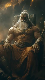 Mythic warrior king on throne under stormlit embers