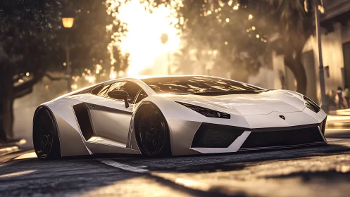Low-angle view shows white supercar parked on sunlit street